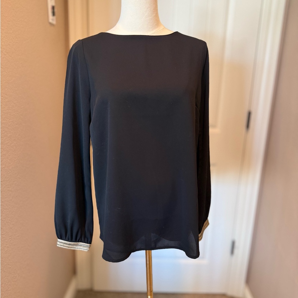 Stella & Dot Black Soirée Gold Trim Long Sleeve Blouse